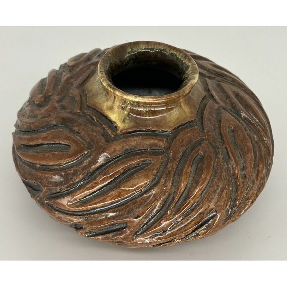 Vintage Stoneware Art Pottery Bowl Tan Brown Swirl Abstract Glazed Signed - Picture 3 of 9
